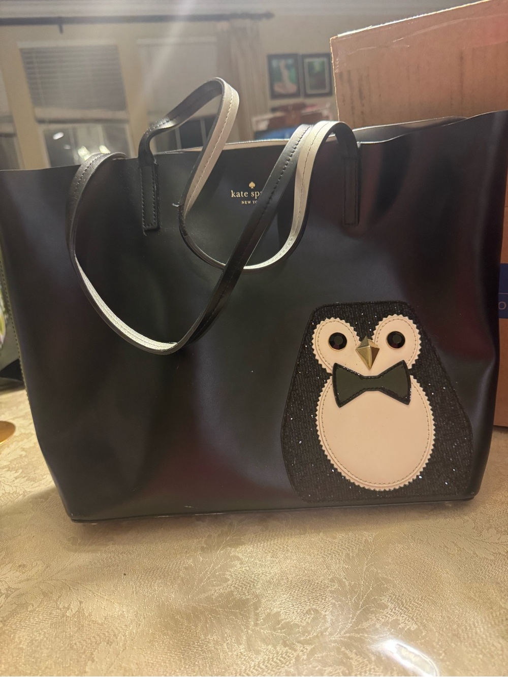 Kate Spade Clifton Lane Little Len Penguin Black Leather Tote Bag